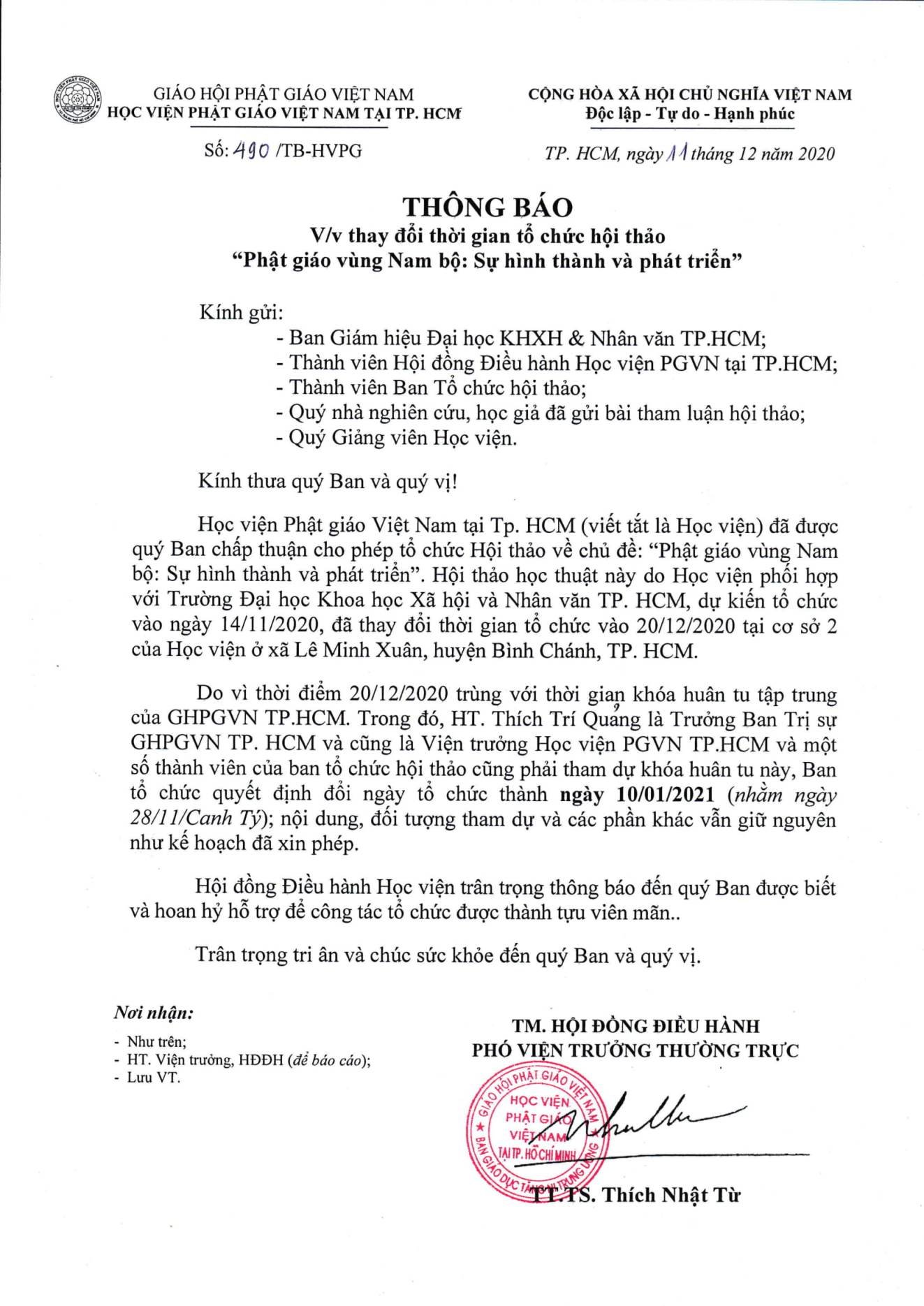 Thông báo thay đổi thời gian Hội thảo