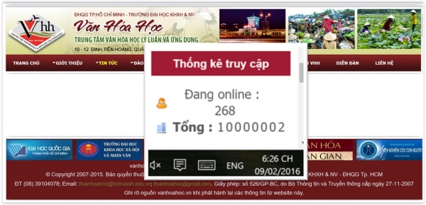 Website vanhoahoc đạt trên 10 triệu lượt truy cập vào ngày 9-2-2016